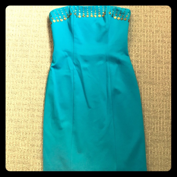 Blue strapless Trina Turk dress gold detail size 2 - Picture 1 of 3
